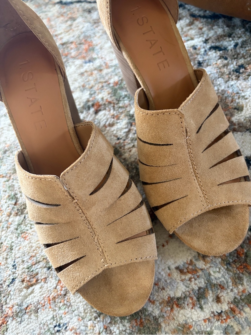 1.STATE Nallay Tan Suede Cutout Open-Toe Block Heel Sandals